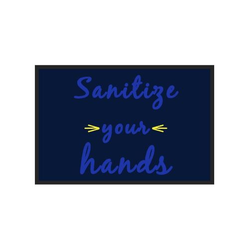 M+A Matting® Sanitize Your Hands Logo Mat 2x3B Black Background Design 3017629, Blue and Yellow Logo